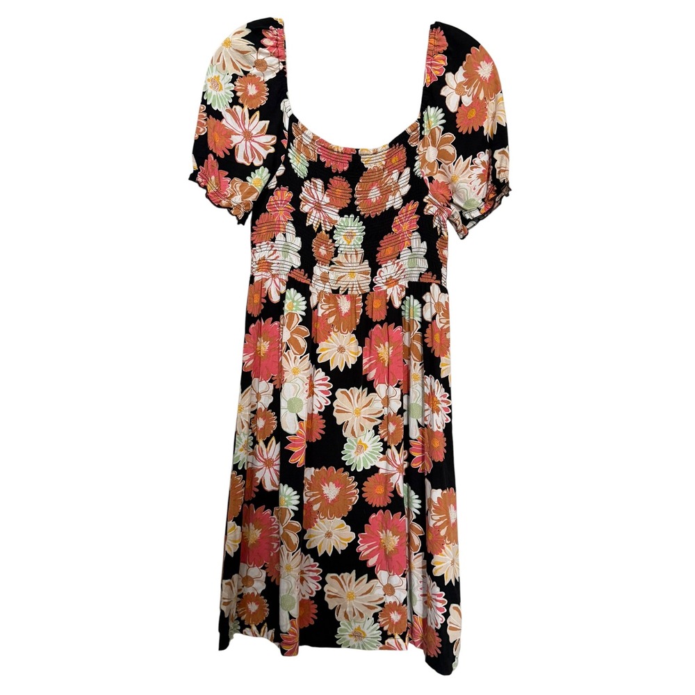Roxy Floral Smocked Mini Dress Black Orange Pink Daisy Puff Sleeve Size Medium
